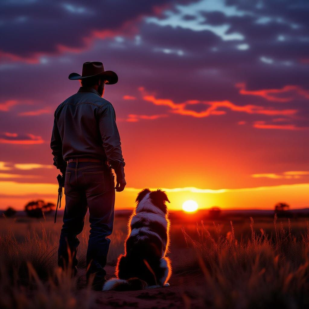 Australian Outback Rancher and Kelpie at Sunset