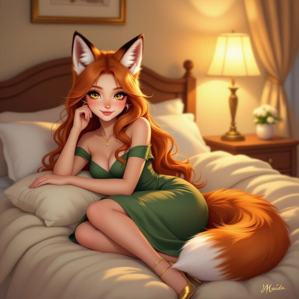 Beautiful Fox Girl in Elegant Dress on Cozy Bed