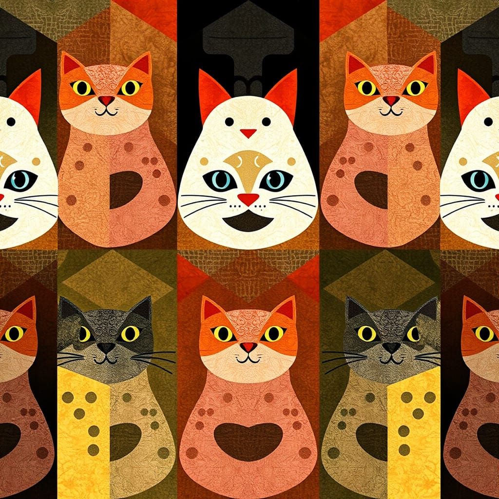 Geometric Cats and Fishes Collage in Mixed Media Style