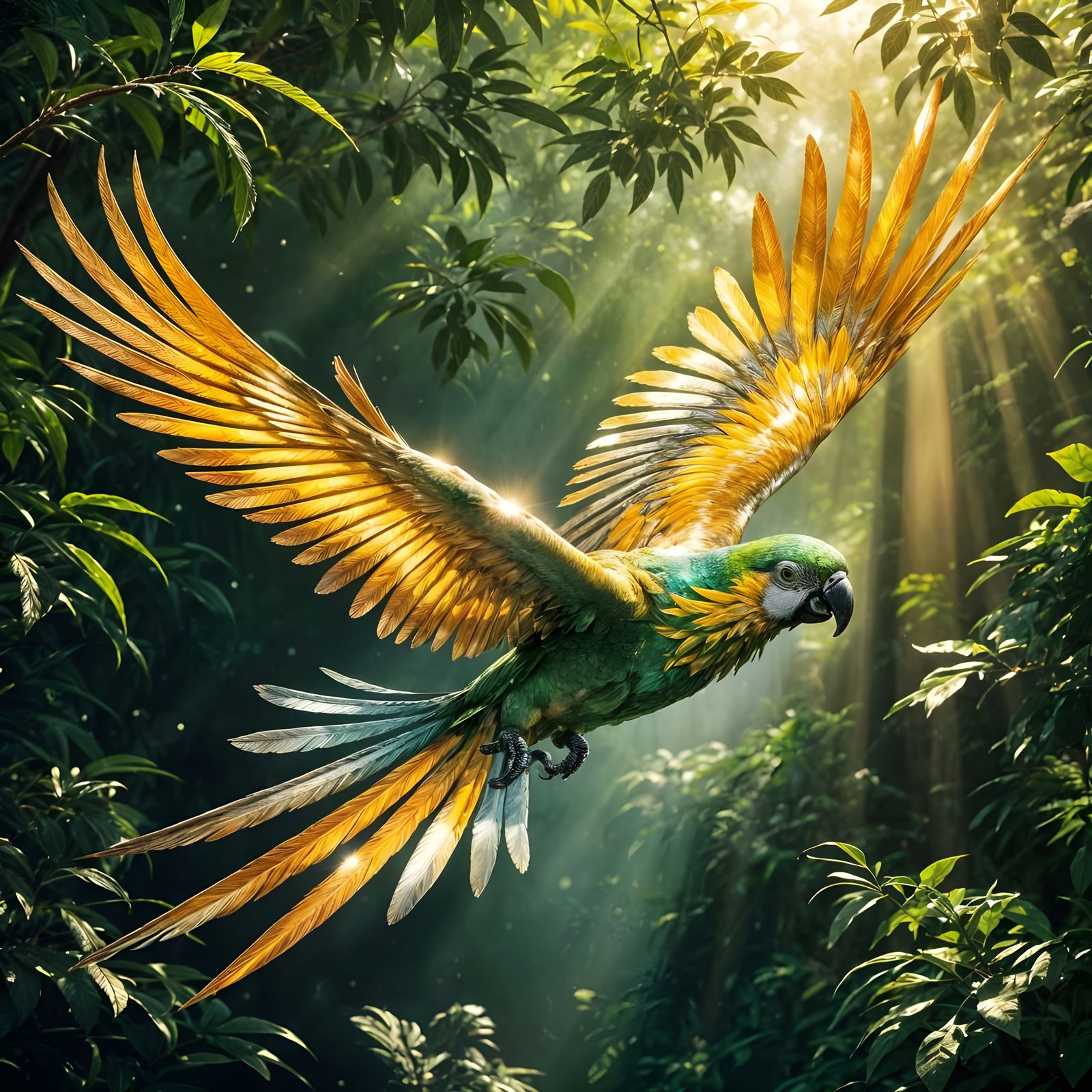 Golden Parrot in Flight Above Rainforest