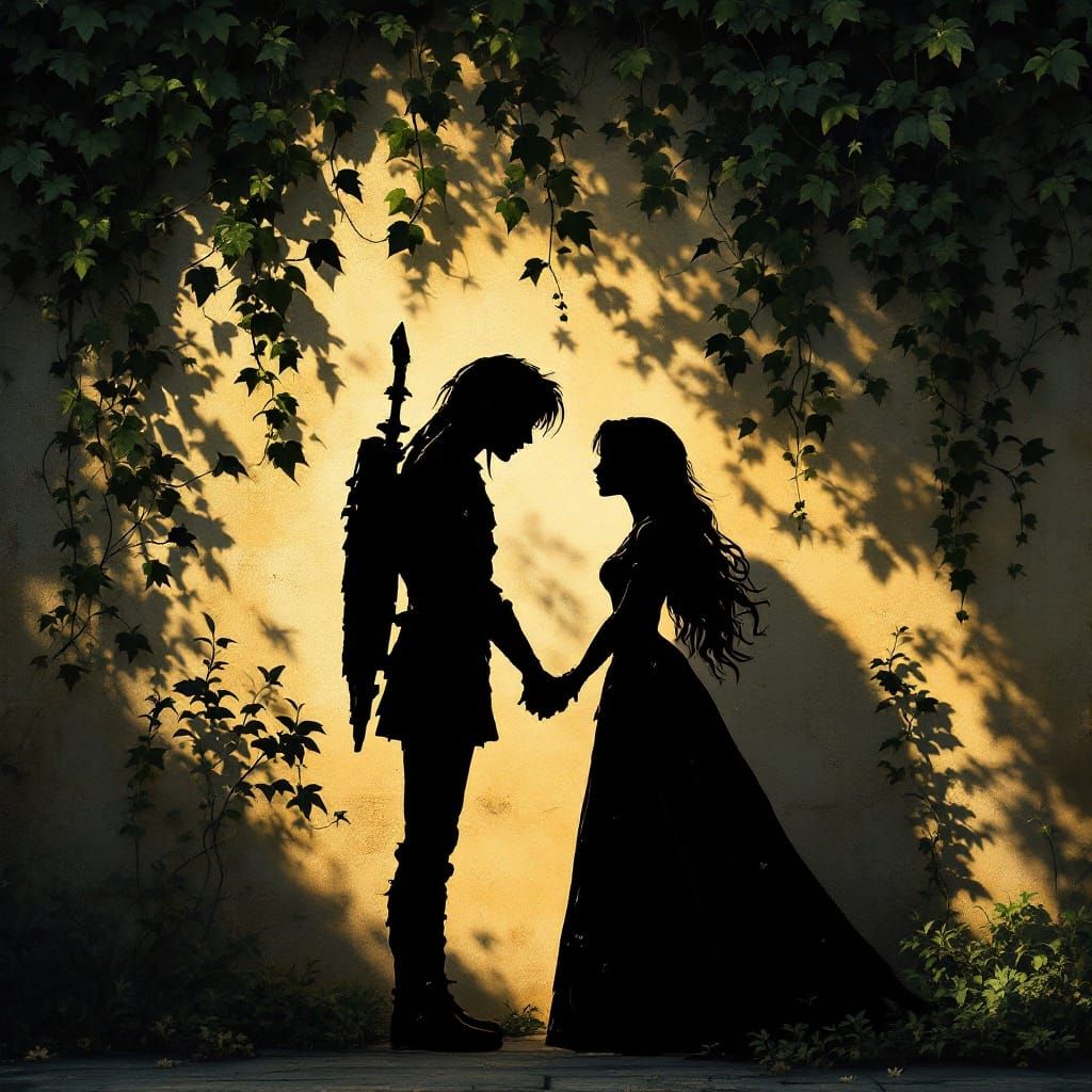 Whimsical Fantasy Romance: Inky Silhouettes in Palace Garden