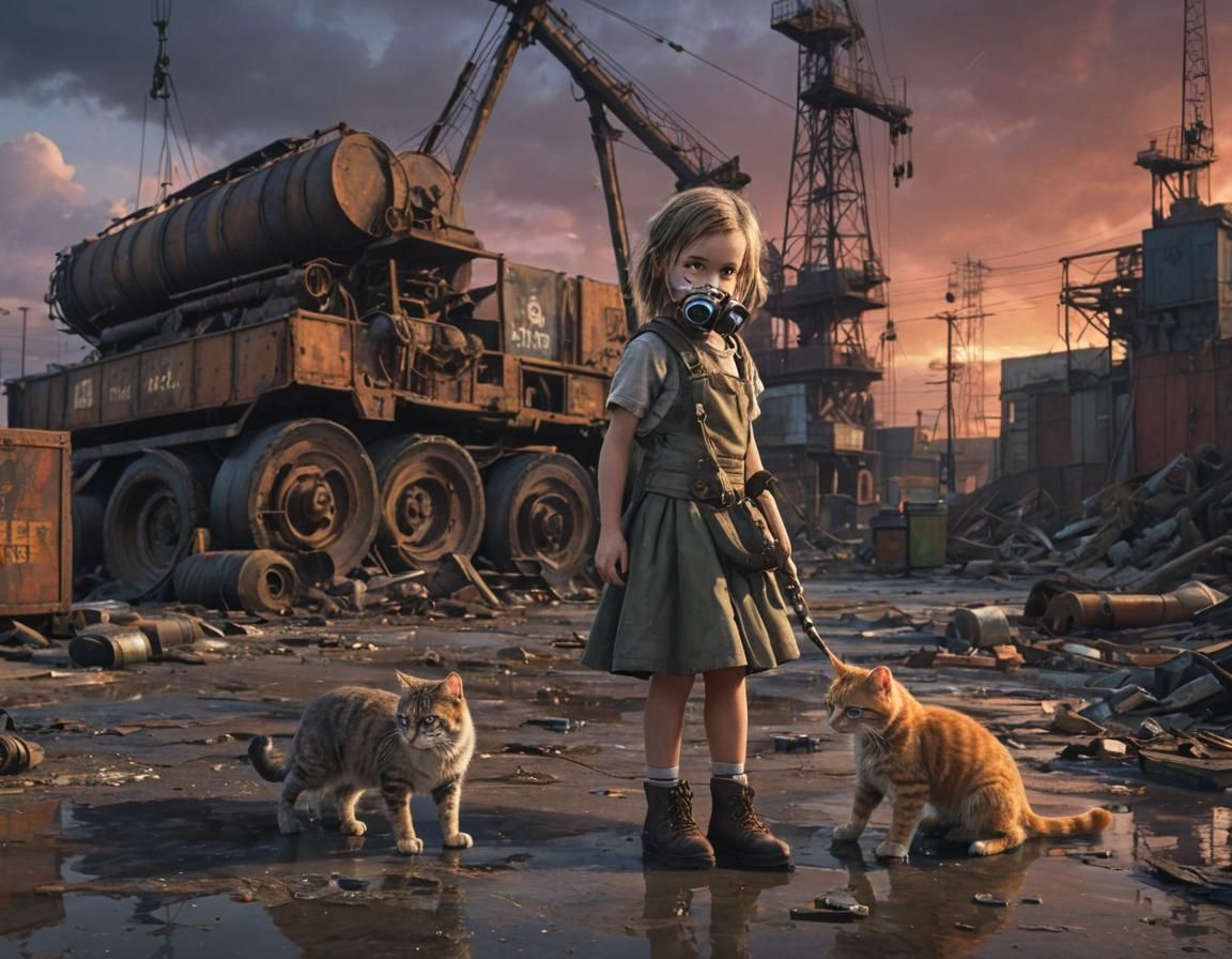 Dieselpunk Harbor Scene: Girl, Cat, and Industrial Grit