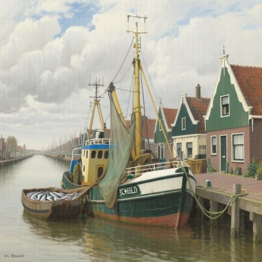 Fishing Trawler Docks in Vintage Dutch Town