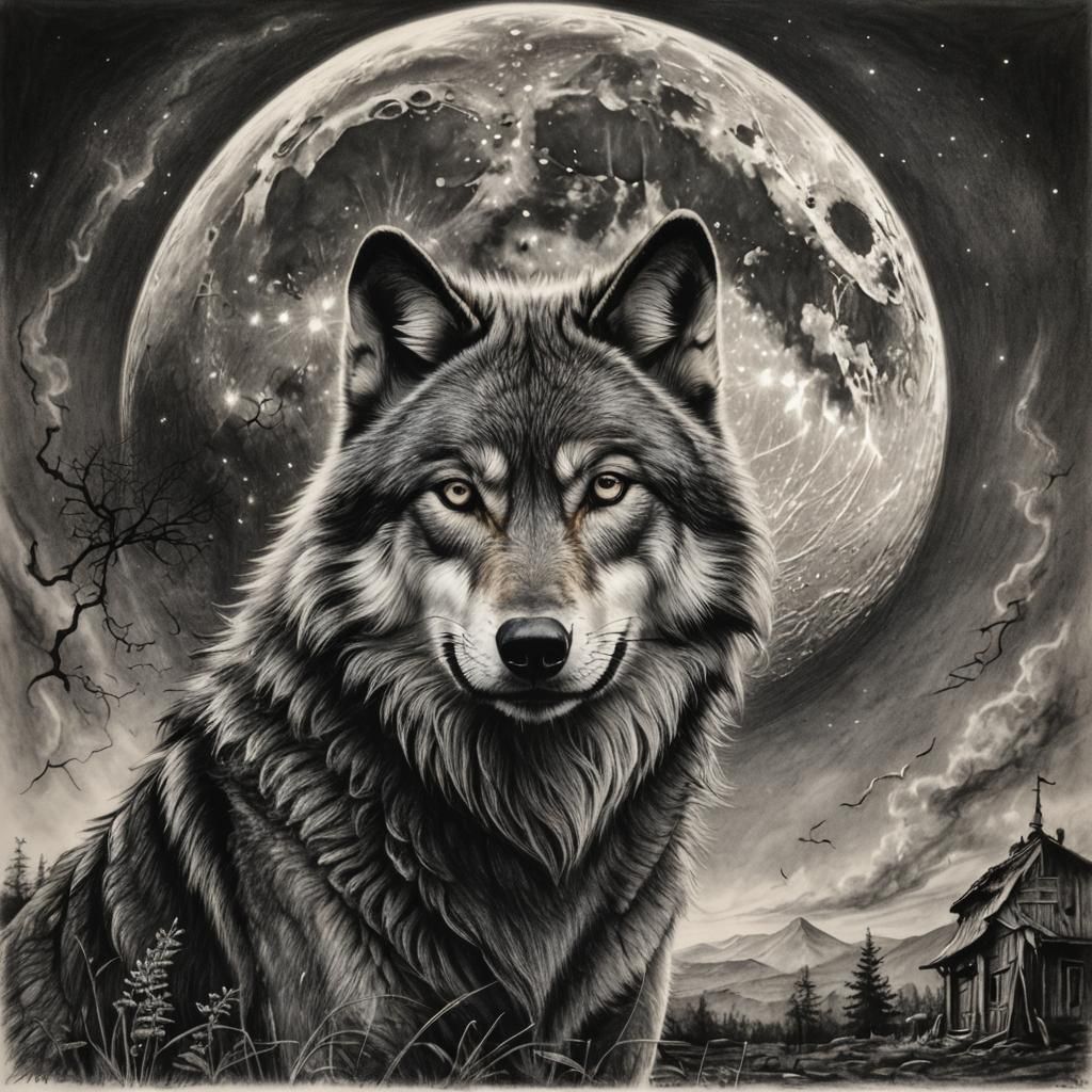 Detailed Charcoal Drawing of Wolf Howling at Moon