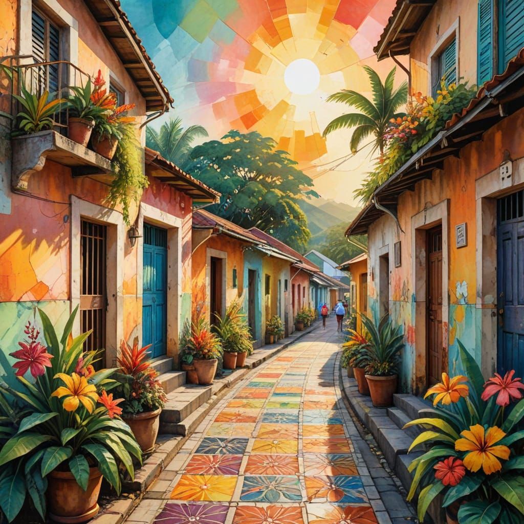 Vibrant Jamaican Village Street Scene in Dreamy Watercolor S...