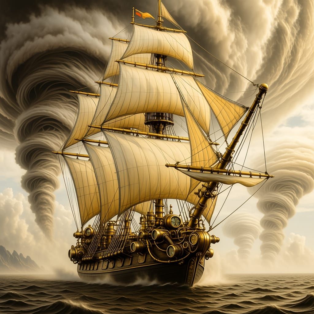 Steampunk Sailboat in Tornadic Vapor, Photorealistic Silver ...