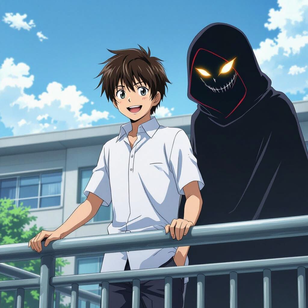 Anime Parody: Boy and Shadowy Figure on Balcony