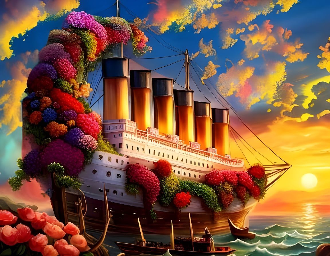 Floral Titanic Sails into Sunset: Fantasy Art