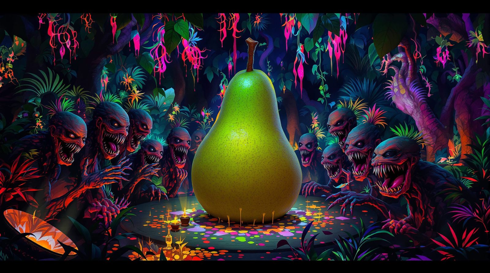 Mutated Humans Revel in Giant Pear in Bioluminescent Jungle