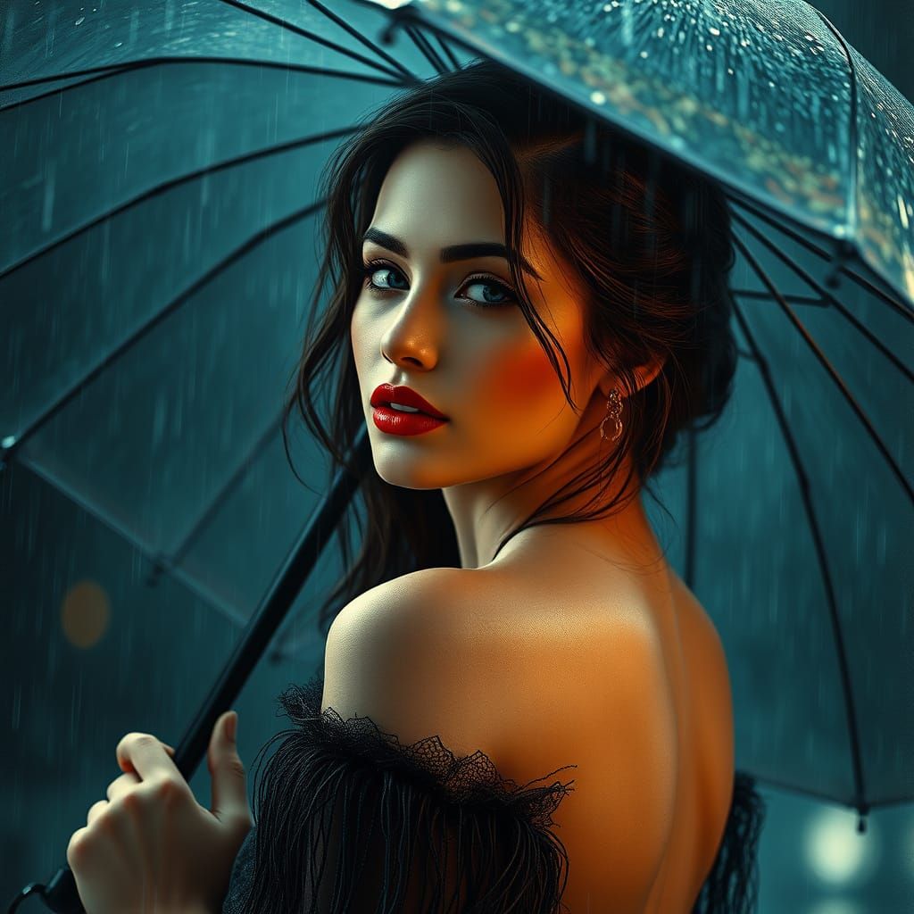 Sultry Woman Pouts Under Umbrella in Dramatic Rainy Scene