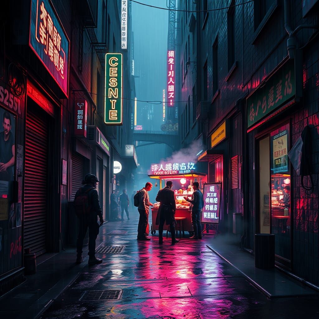 A gritty, rain-soaked alleyway in a dystopian city, where ne...