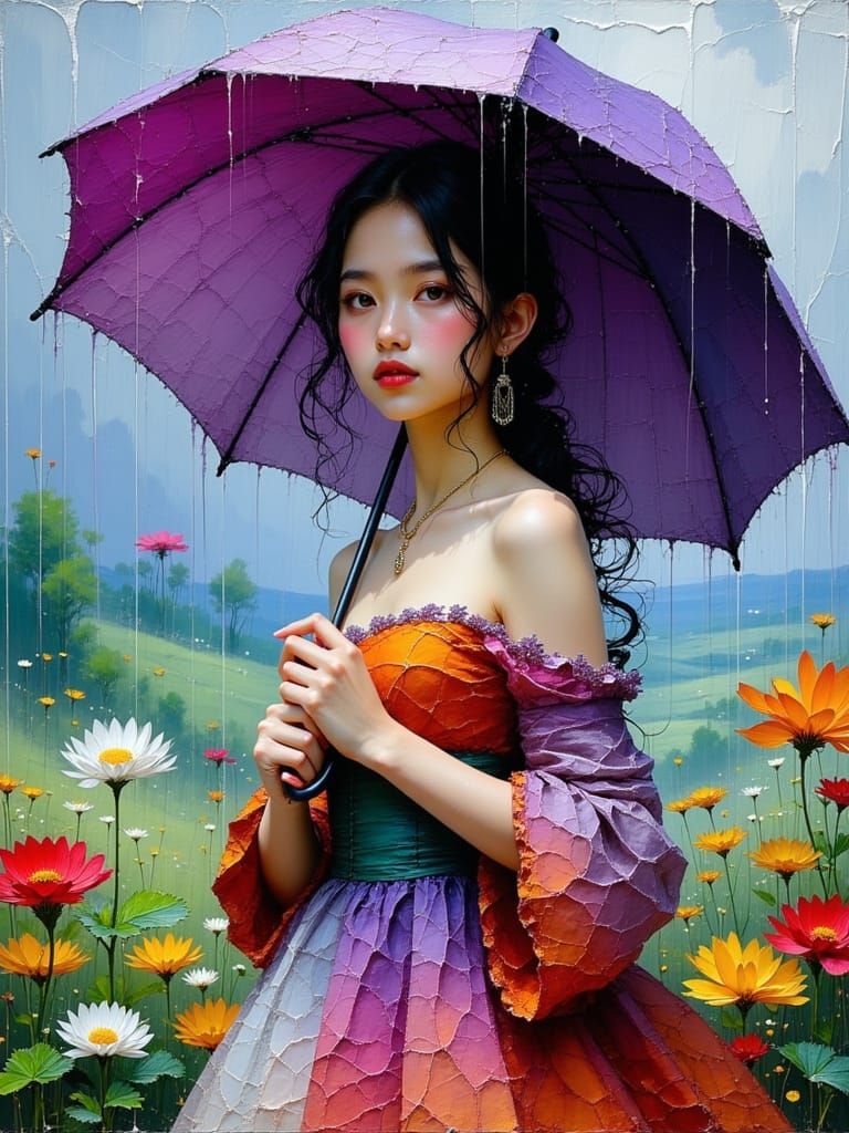 A Lovely Woman Under a Vibrant Umbrella in a Rainy Floral La...