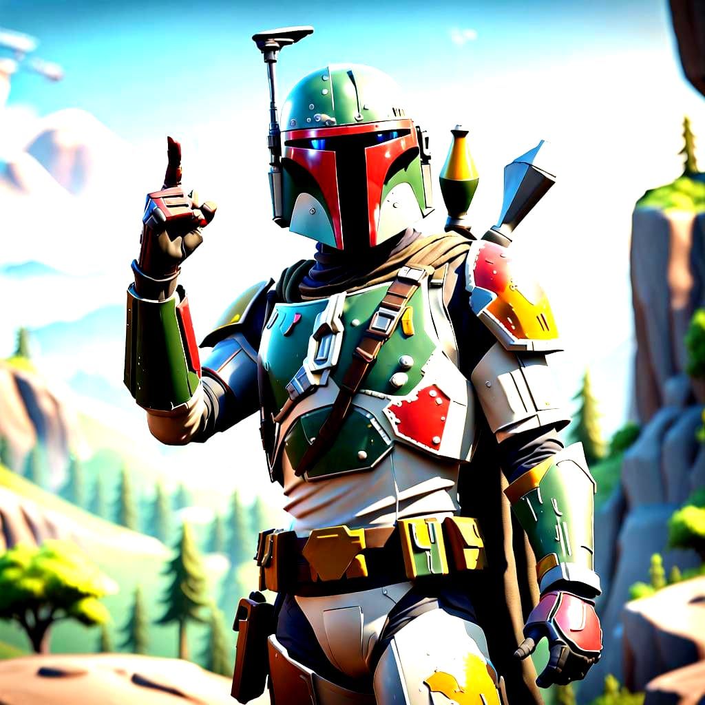 Boba Fett skin in Fortnite facing the camera and giving a th...