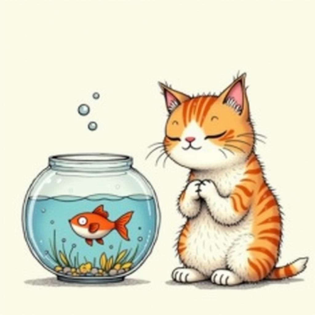 Cat Watching Fish in Cartoon Style