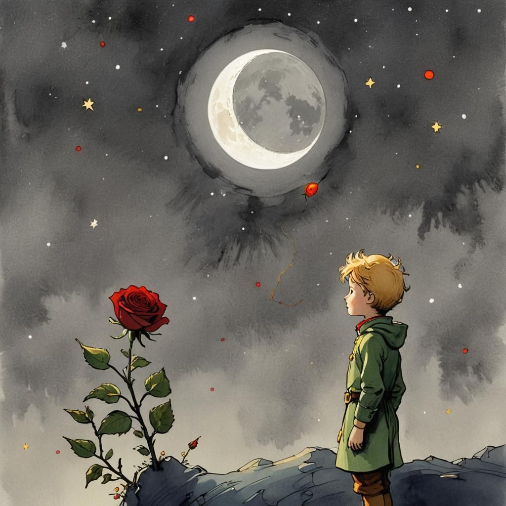 Little Prince and Crescent Moon with Rose