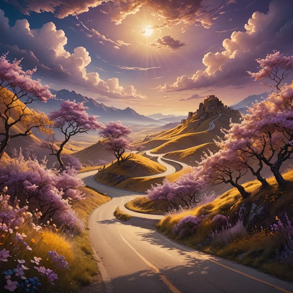 Ethereal Light on Winding Road: Surreal Matte Painting