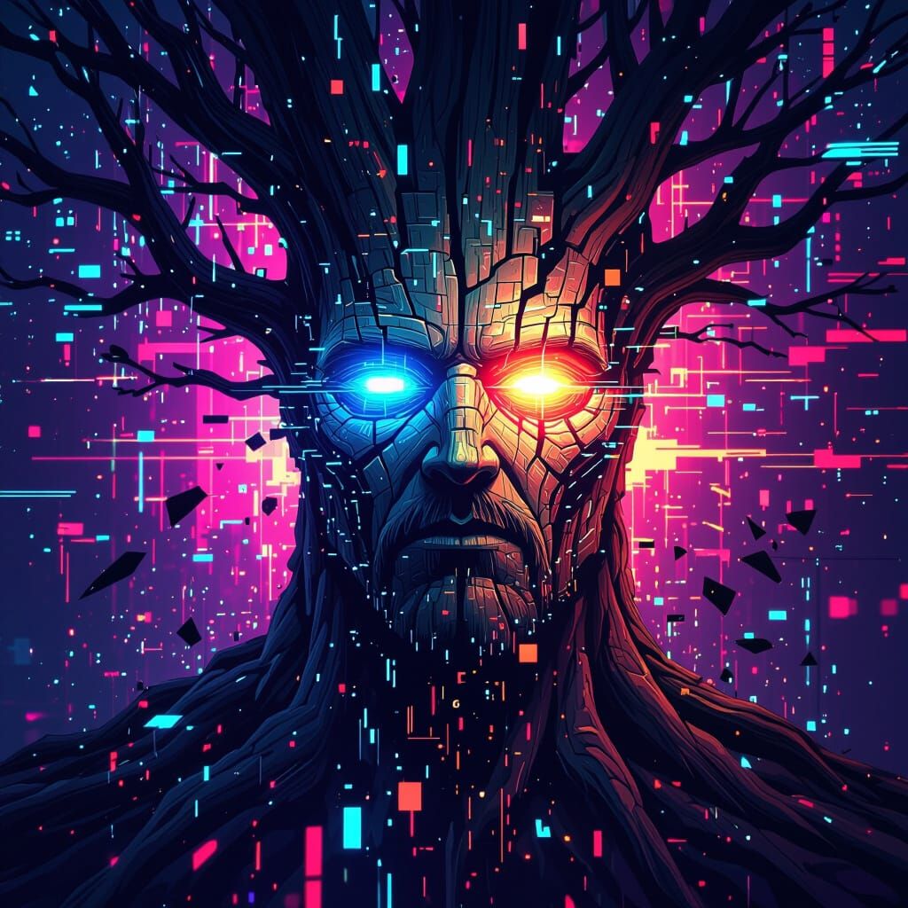 Shattered Tree Face Reveals Circuits in Glitchcore Style