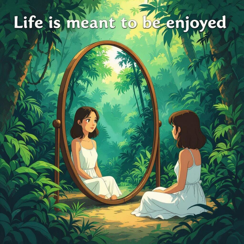 Girl in White Dress by Mirror in Tropical Rainforest