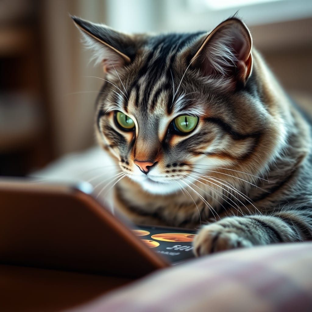 Grey Tabby Cat Watches Cat Food Ad on Tablet in Cinematic St...