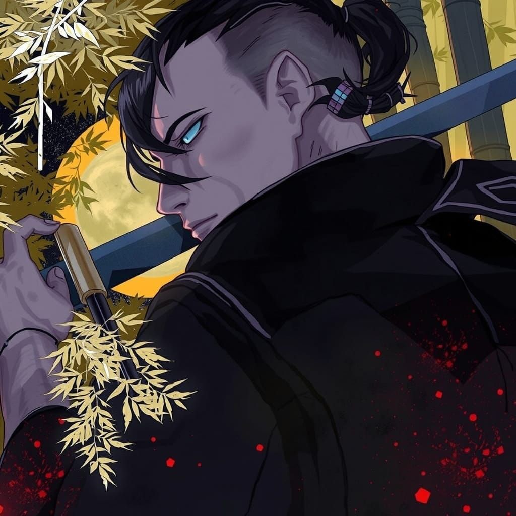 Shadowy Shinobi Warrior in Moonlit Bamboo Forest