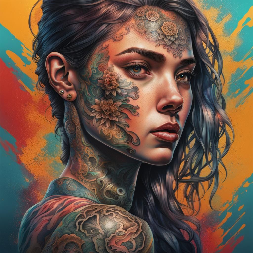 Girl with Intricate Tattoos: Hyperrealistic Splash Art
