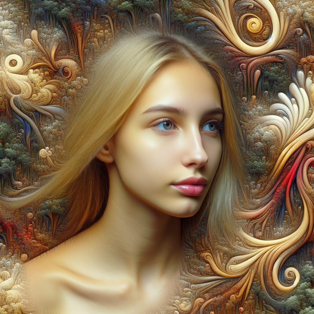 Whimsical Blonde Woman in Hyperrealistic Maximalist Scene