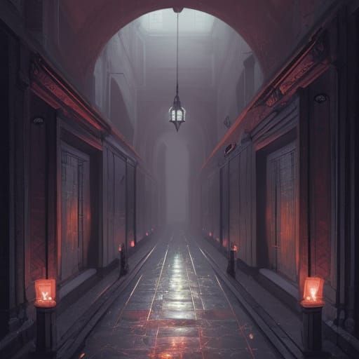 Empty Hallway at Night, Dark Fantasy Concept Art