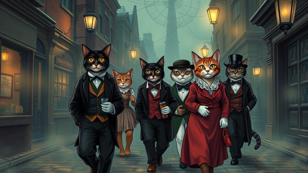 Victorian Cats Parade in Foggy Street, Comic Book Art