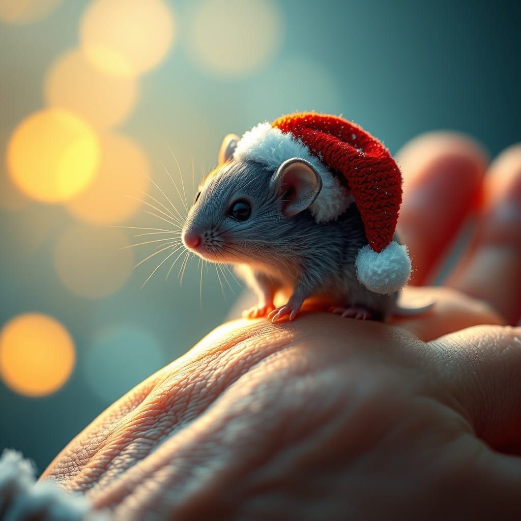 Adorable Mouse in Festive Santa Hat, Illuminated by Magical...