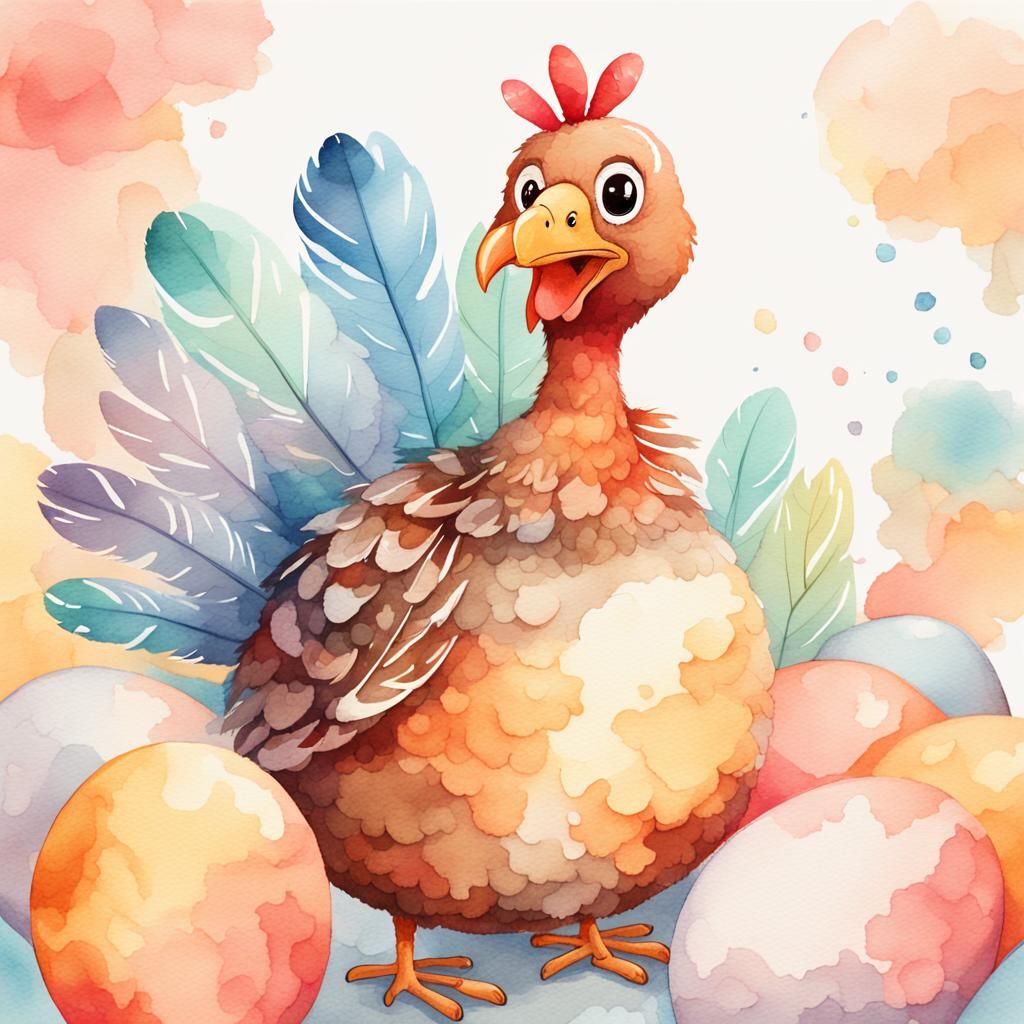 Cute Turkey Chick on Egg in Cartoon Style