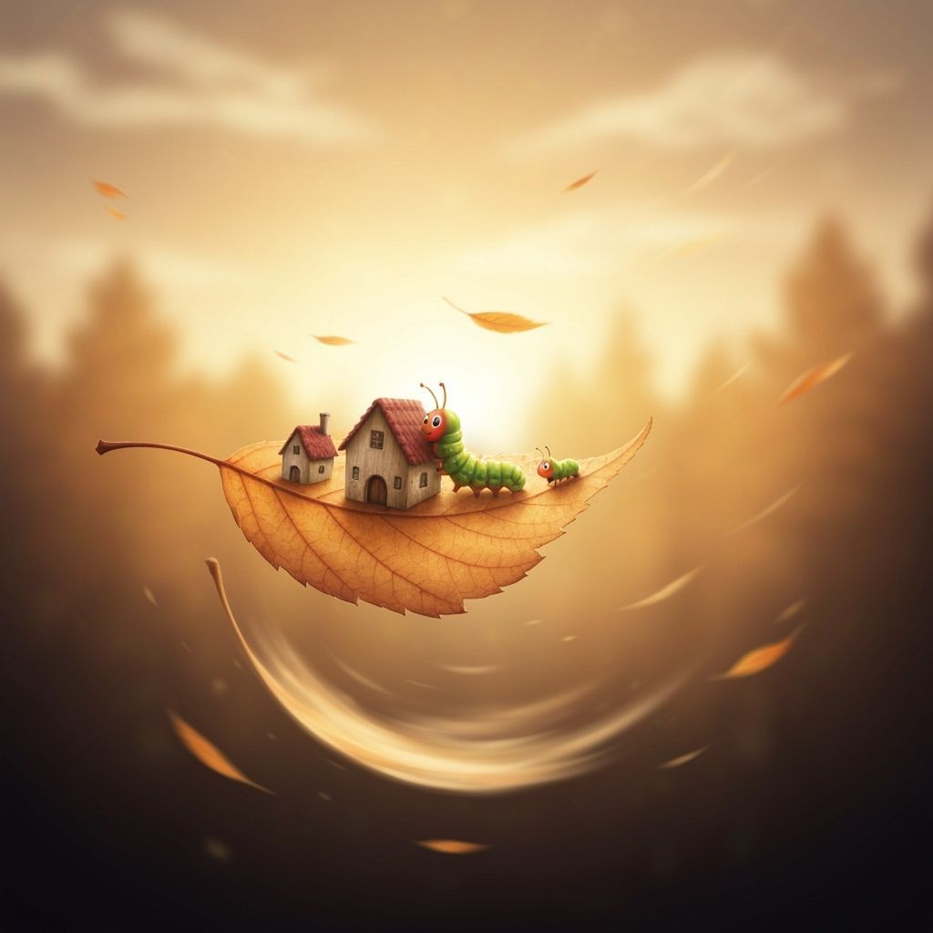 Caterpillar Village on Autumn Leaf in Magical Forest