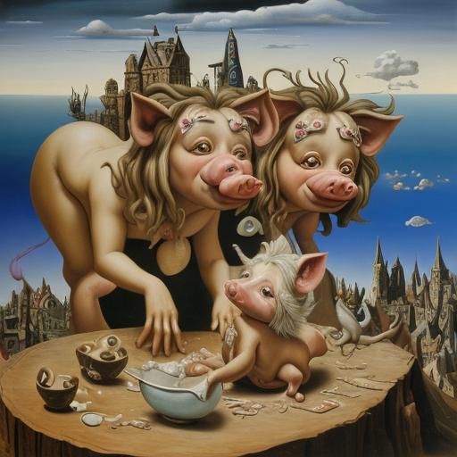 Three Little Pigs Vs Big Bad Wolf in Surreal Style