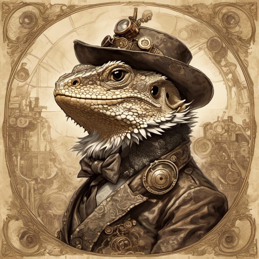 Steampunk Bearded Dragon Pinup in Hyperreal Style