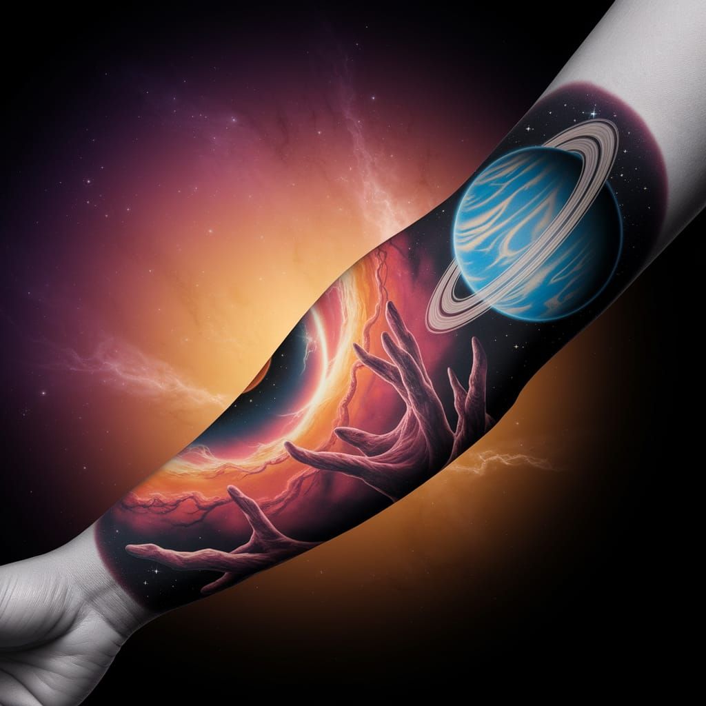 Stunning Space-Themed Tattoo Sleeve in Vibrant Cosmic Colors