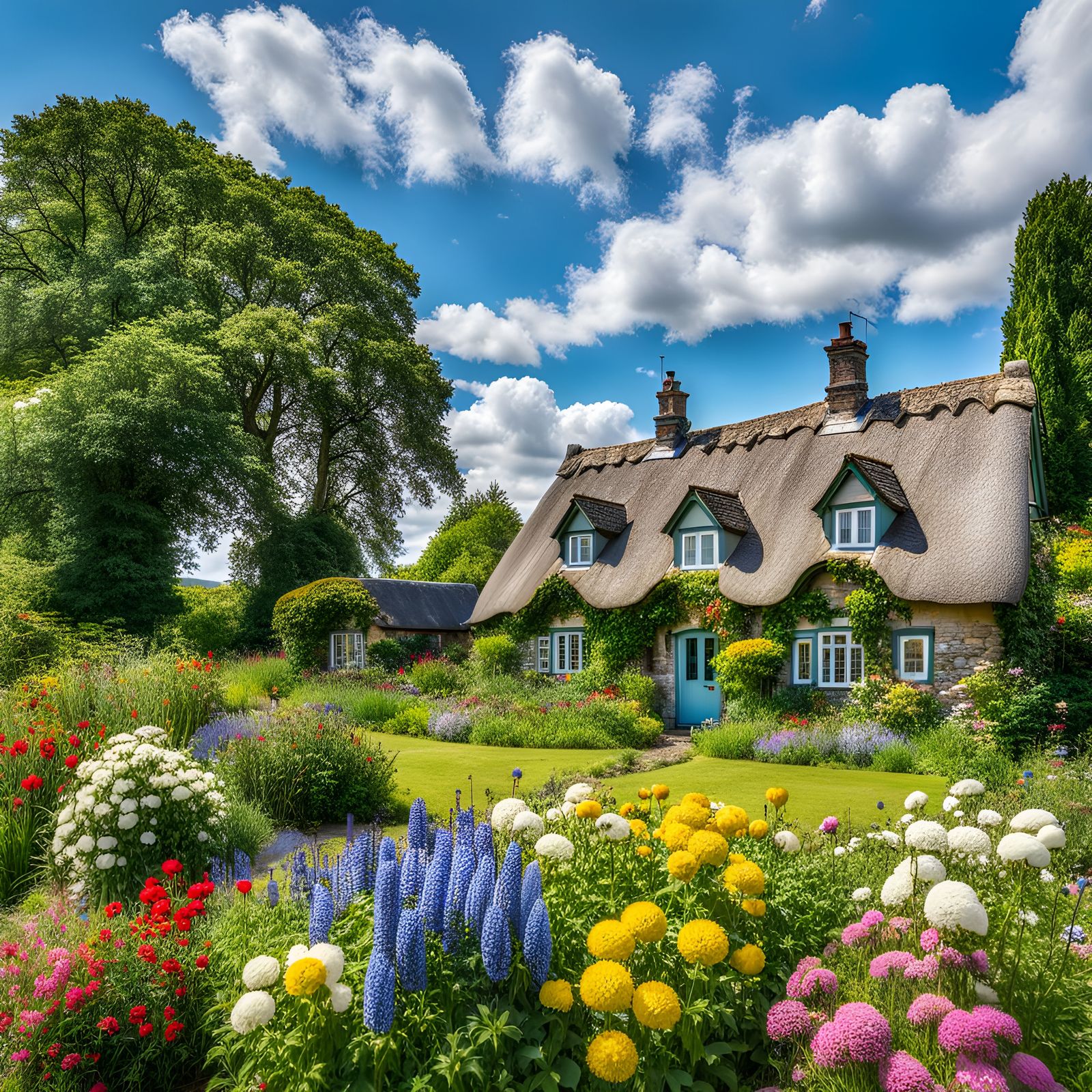 Blooming Country Garden Cottage in Summer