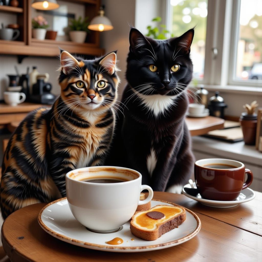 Cats Enjoying Coffee and Sandwich