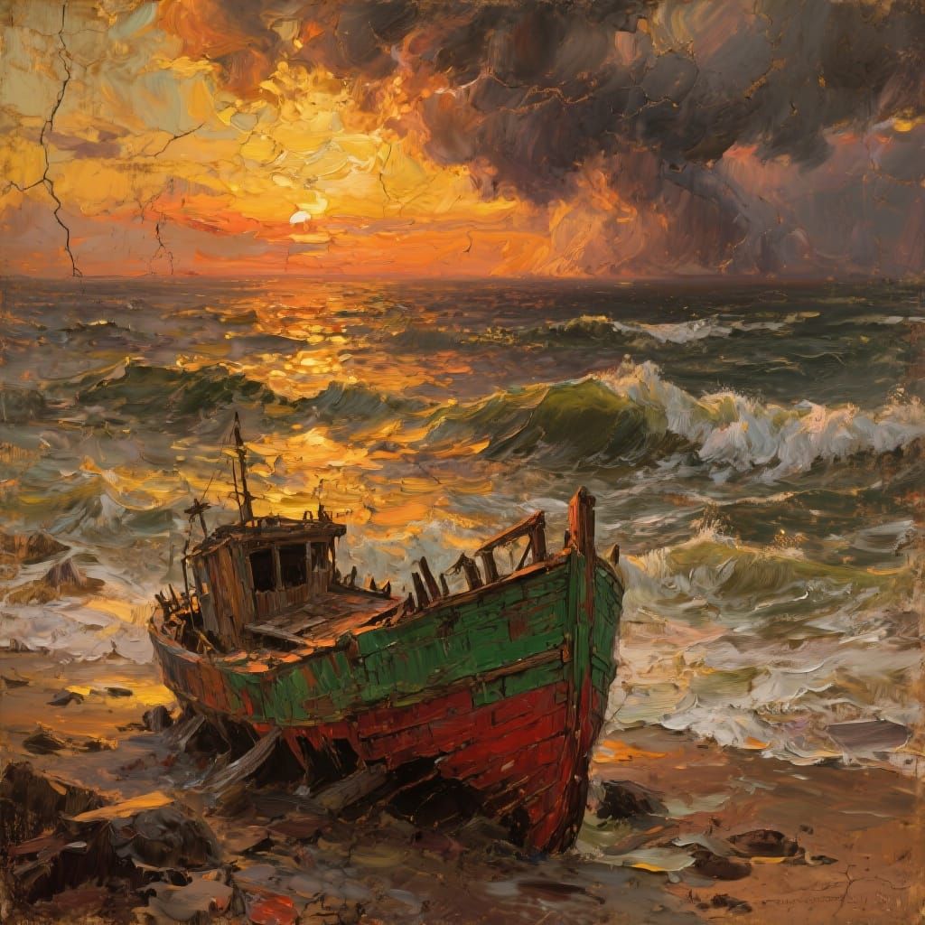 richly textured brushstrokes with visible layers of paint, d...