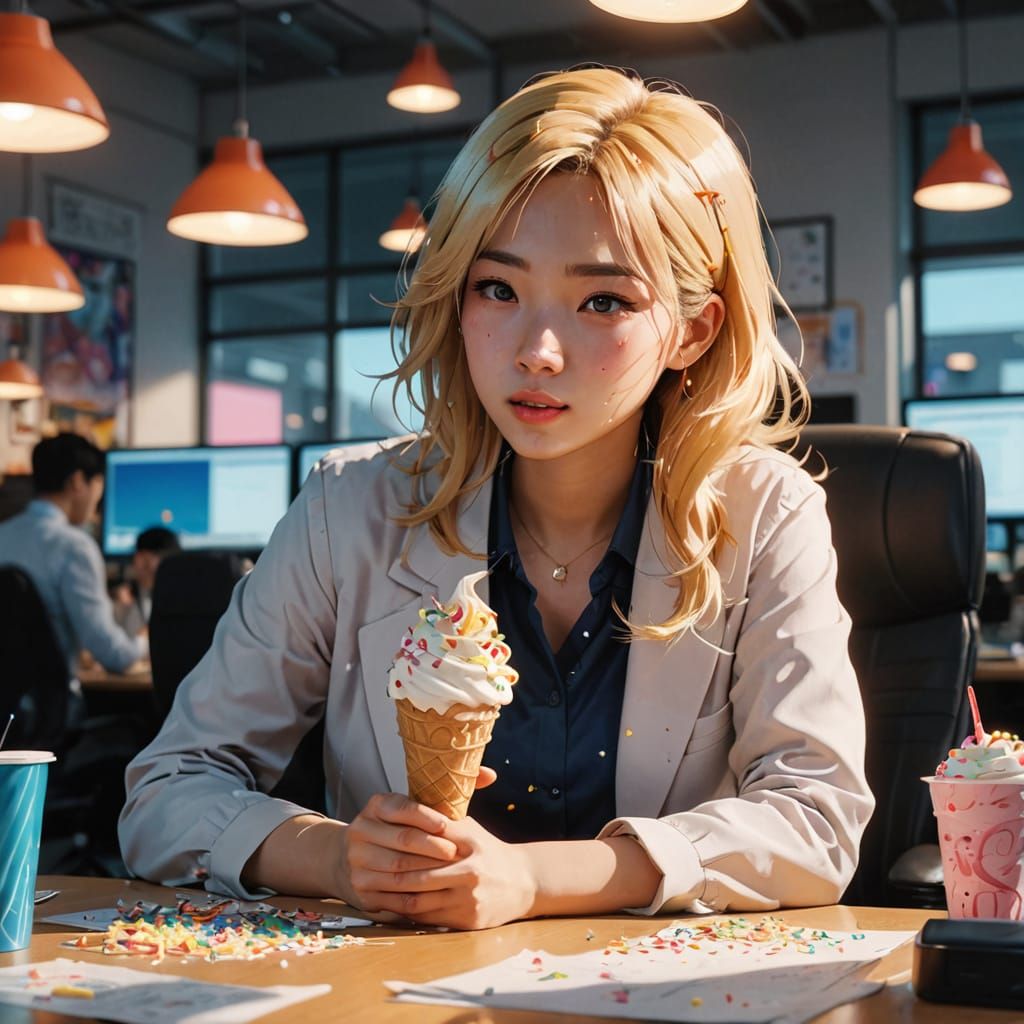 Chinese Girl Enjoying Ice Cream in a Vibrant Office Scene