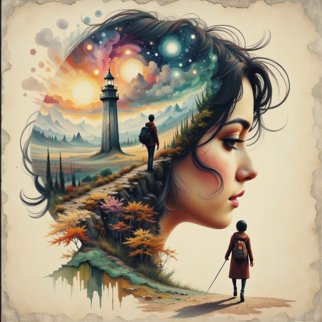 Persistence <lora:Dreamweave Flux:1.0>  <lora:Virtua-Impasto:1.0> Journey Collage Adventure Dreams Double exposure