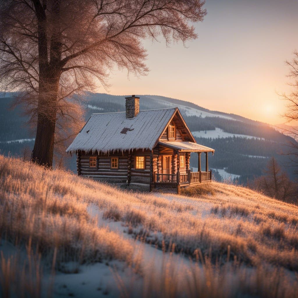Frosty Winter Sunrise Over Lonely Cabin