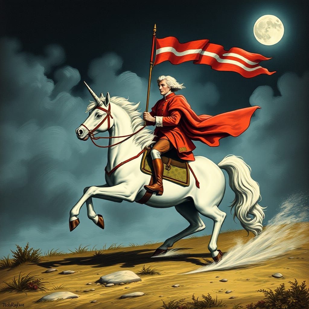 In 1775 at midnight, Paul Revere rides on a unicorn toward L...