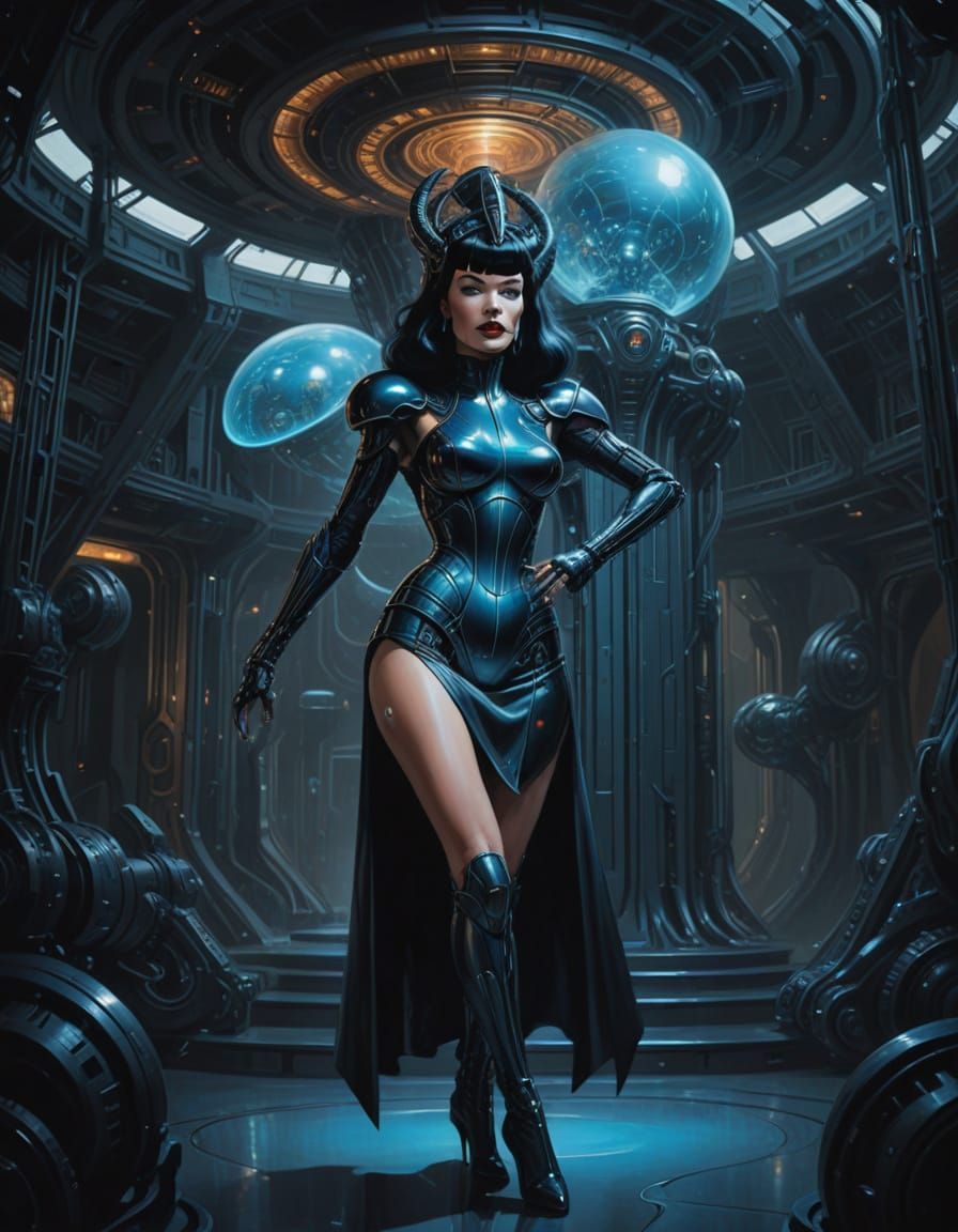 Retro Sci-Fi Princess Poses on Haunted Metallic Spaceship