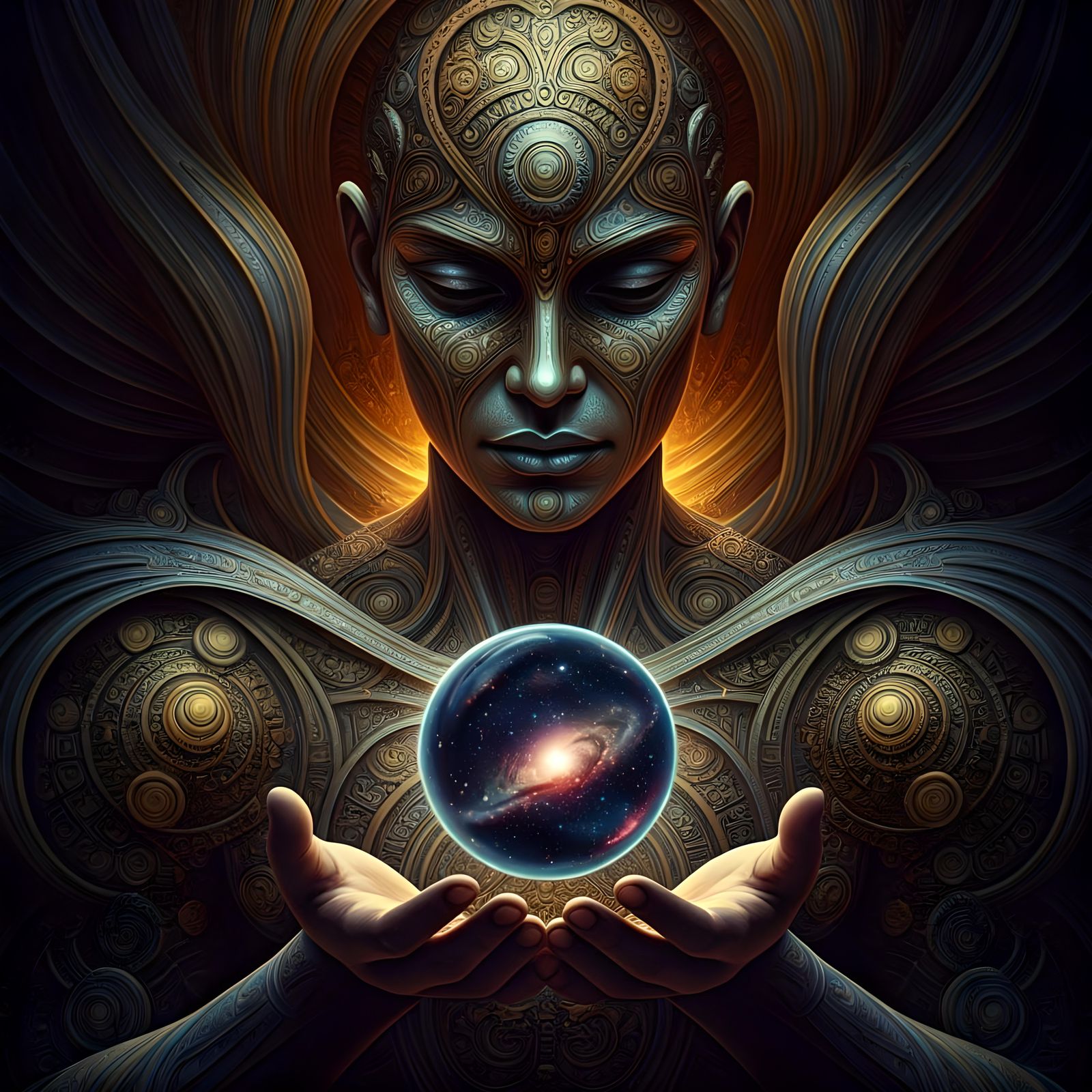 Divine Entity Holding Orb of Galaxies