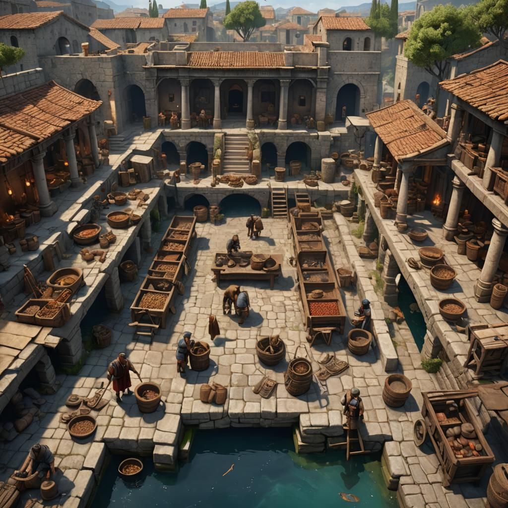 Bustling Roman Agora Trade Scene: Detailed Matte Painting