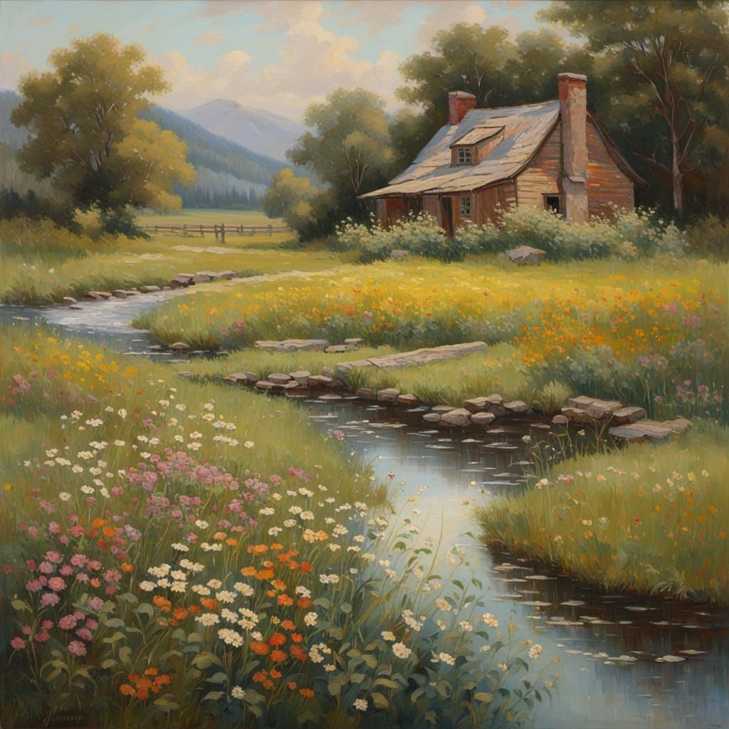 Romanticism Painting: Meadow with Wildflowers and Stream