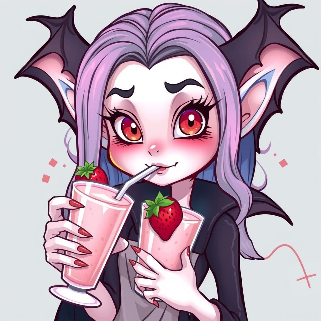 Pastel Vampire Girl Sips Strawberry Milkshake in Colorful Co...