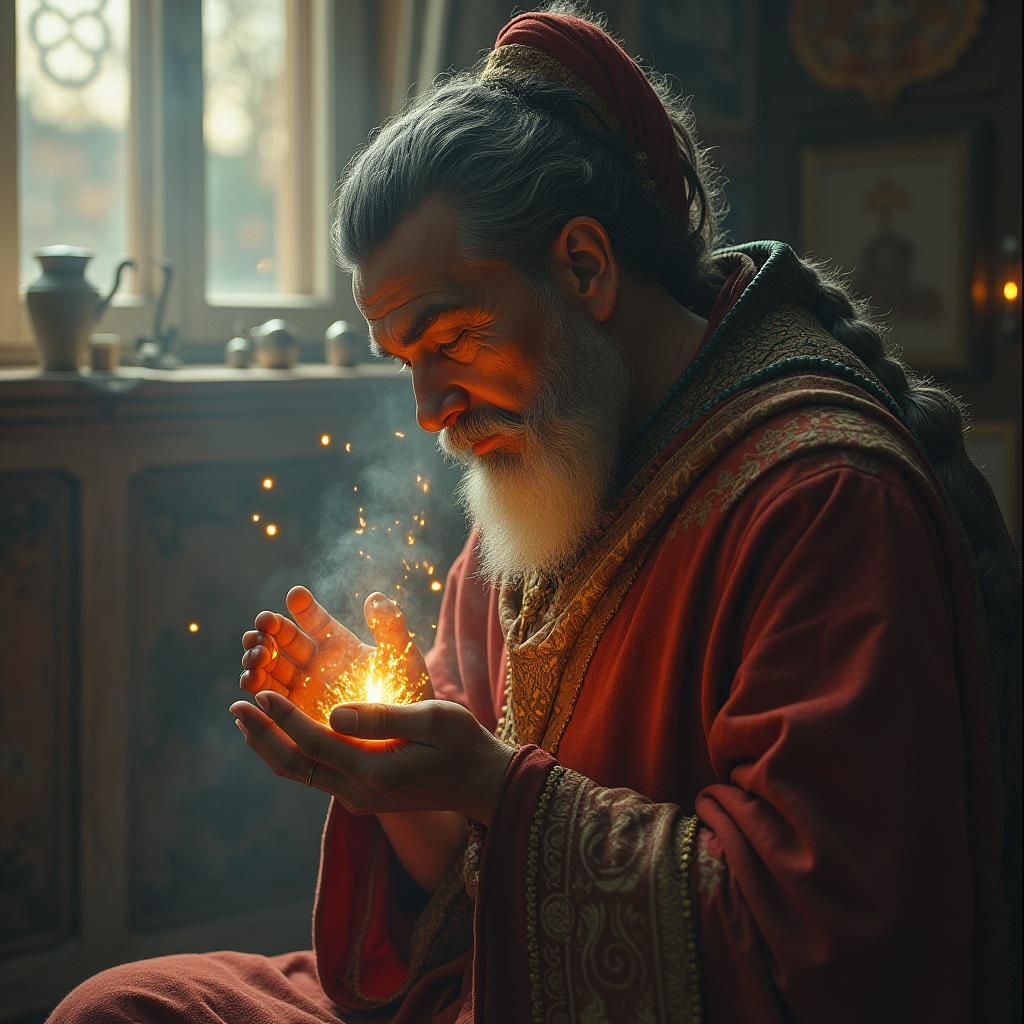 King on Mountain Throne Reading Book with Flaming Sword