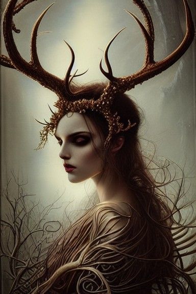 Glamorous Woman with Antlers Digital Portrait