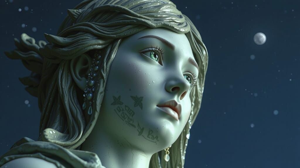 Girl Moonstone Sculpture under Starry Sky as Oil Painting