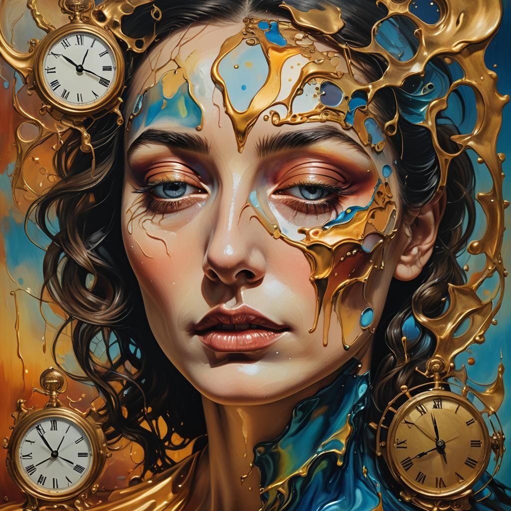 Surreal Woman Portrait with Melting Oil Slick Background